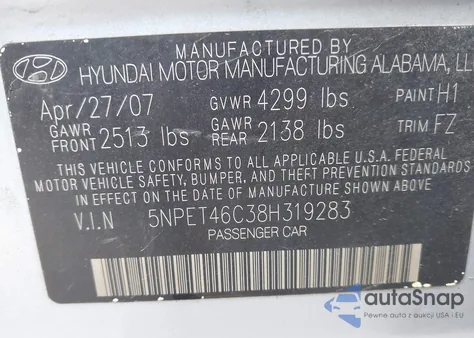 2008 Hyundai Sonata Gls z USA, uszkodzony, nr VIN 5NPET46C38H319283